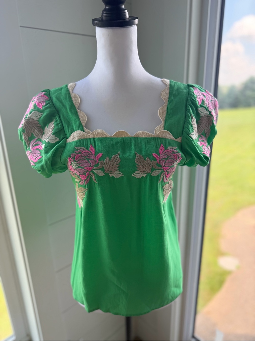 THML Green Square-Neck Floral Embroidered Puff-Sleeve Top